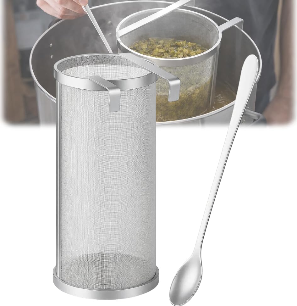 4ร10 Inch Hop Spider Filter 300 Micron Stainless Steel | Homebrew Beer Brewing Strainer with Spoon, Fine Mesh Filter for Tea Coffee and Compost Tea Applications