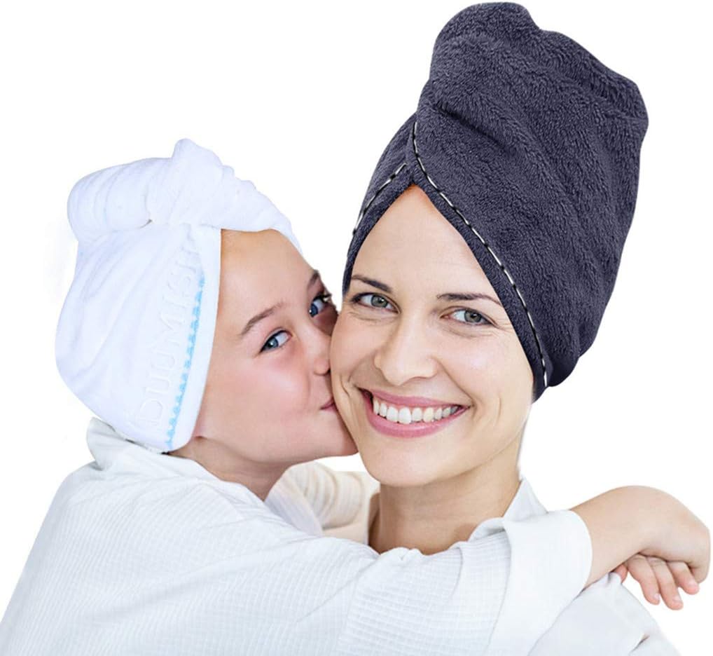 2 Pack Hair Towel Wrap Turban, Microfiber Drying Bath Shower Head Towel with Buttons, Quick Magic Dryer, Dry Hair Hat, Wrapped Bath Cap by Duomishu (Gray+White)