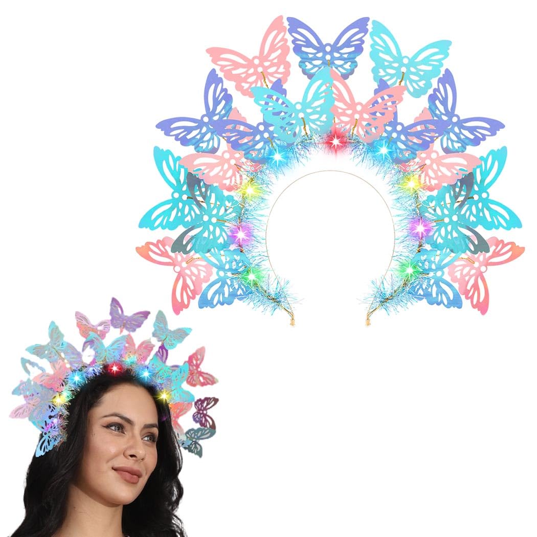 Barode Light Up Headband Butterfly Sequins LED Hairband Headpiece Cosplay Fairy Pixie Elf Costume for Women(Colors-B)