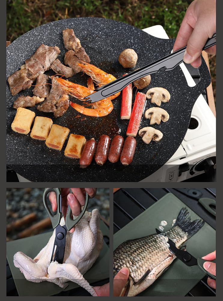 Tragbares Camping-Küchenutensilien-Set, multifunktionale Schere, Küchenmesser, Clip, Schneidebrett Outdoor-Kochgeschirr-Kochset,Schwarz