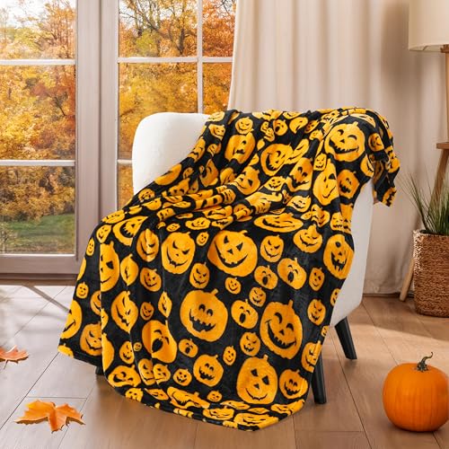PAVILIA Halloween Throw Blanket | Orange Pumpkin Fall Fleece Blanket | Soft Plush Warm Black Fall Cabin Throw 50x60 (Pumpkin Halloween)