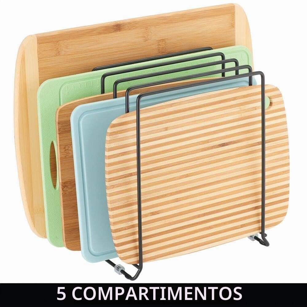 mDesign Estante para tapas de ollas y sartenes, estante de alambre de metal para armarios, despensas o superficies de cocina, soporte independiente con 5 ranuras para sartenes, ollas, tapas y vajilla,