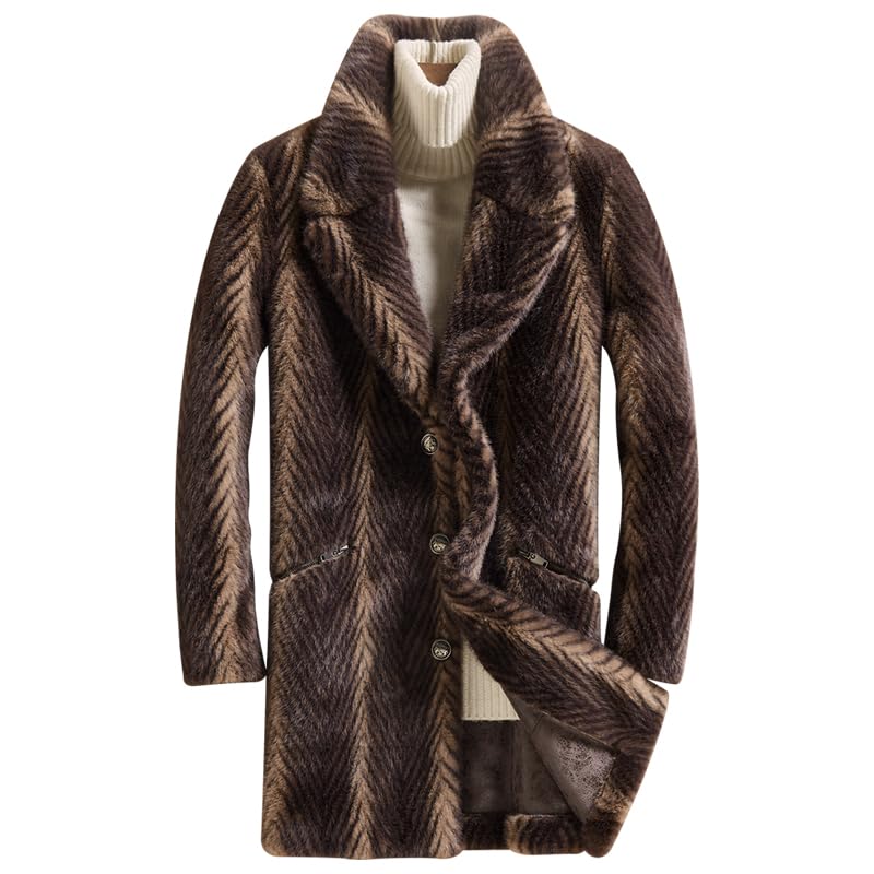 Men's Faux Mink Coat Mid-Length Open Front Single Breasted Notched Lapel Winter Outerwear Reversible Design