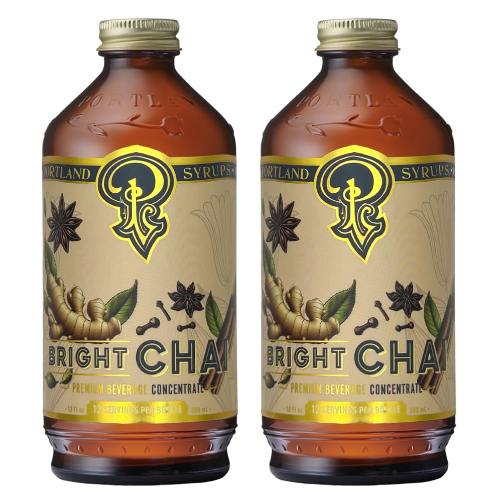 Portland Syrups Bright Chai Syrup - For Coffee, Cocktails, Mocktails & Sodas - Premium Concentrate - Orange Pekoe Tea, Ginger, Cinnamon & Cardamom -
