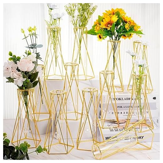Set of 12 Gold Geometric Vases with Stands