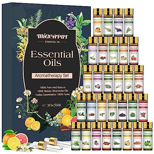 MIGCAPUT Oli Essenziali per Diffusori 30 x 5ML, Set di Olio Essenziale Naturale Puri al 100% per Aromaterapia, SPA, Massaggi, Bagno - Lavanda, Tea Tree, Menta, Eucalipto, Rosmarino, Incenso, Cannella