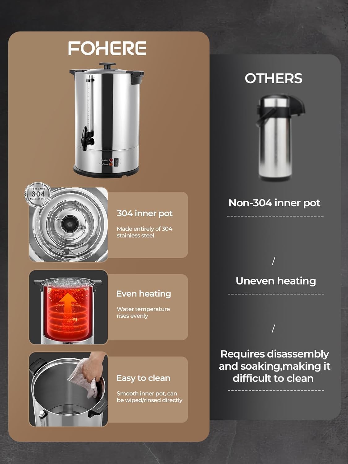 Percolateur urne à café commercial - Capacité de 15 l - 100 tasses - Robinet anti-goutte - Filtre amovible - Grand distributeur de café en acier inoxydable pour une infusion rapide de café pour toutes