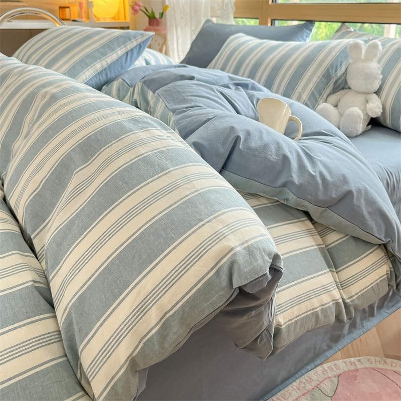Housse de couette 260x240 en microfibre à rayures bleues et blanches avec taies d'oreiller