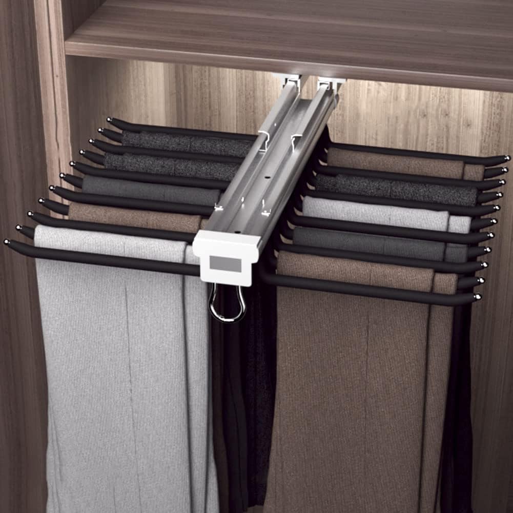 Pants Hanger Bar Clothes Organizers - Closet Pull Out Trousers Rack with Silent Double Rail, 22 Arms Aluminum Alloy for Jeans, Trousers, Ties, Scarf Storage in Black