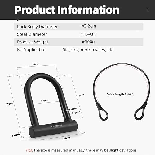 Miniatura 5 de ROCKBROS Bloqueo U para bicicleta con cable resistente antirrobo para bicicleta, soporte de montaje de cable de 4 pies para bicicletas eBikes