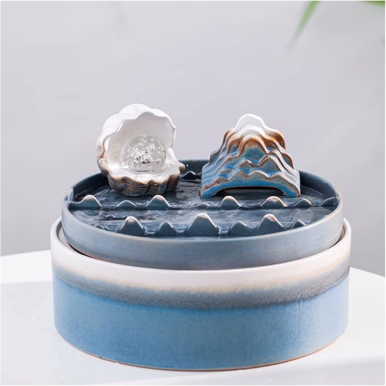 Tabletop Fountain Indoor Ceramic Desktop Fountain Good Luck and Wealth Indoor Fountain Office Desktop Water Waterfall Decoration, Shell Statues and Balls, Blue Decor Fountains