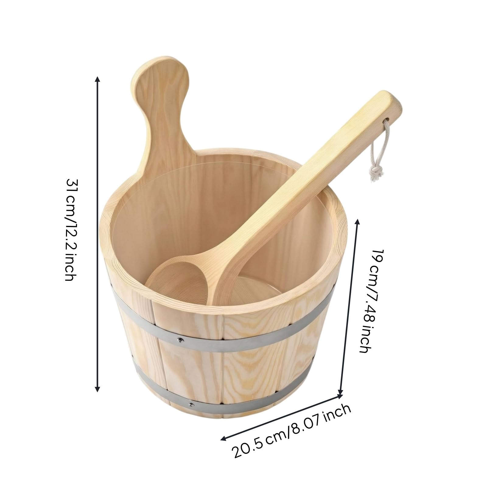 F Fityle Cubo de Madera para Sauna Cubo Balde con Construcción Duradera con Aros de Metal Capacidad 5 L Asa Lateral de Paleta y Colgable Adecuado para Personal Baños Nórdicos