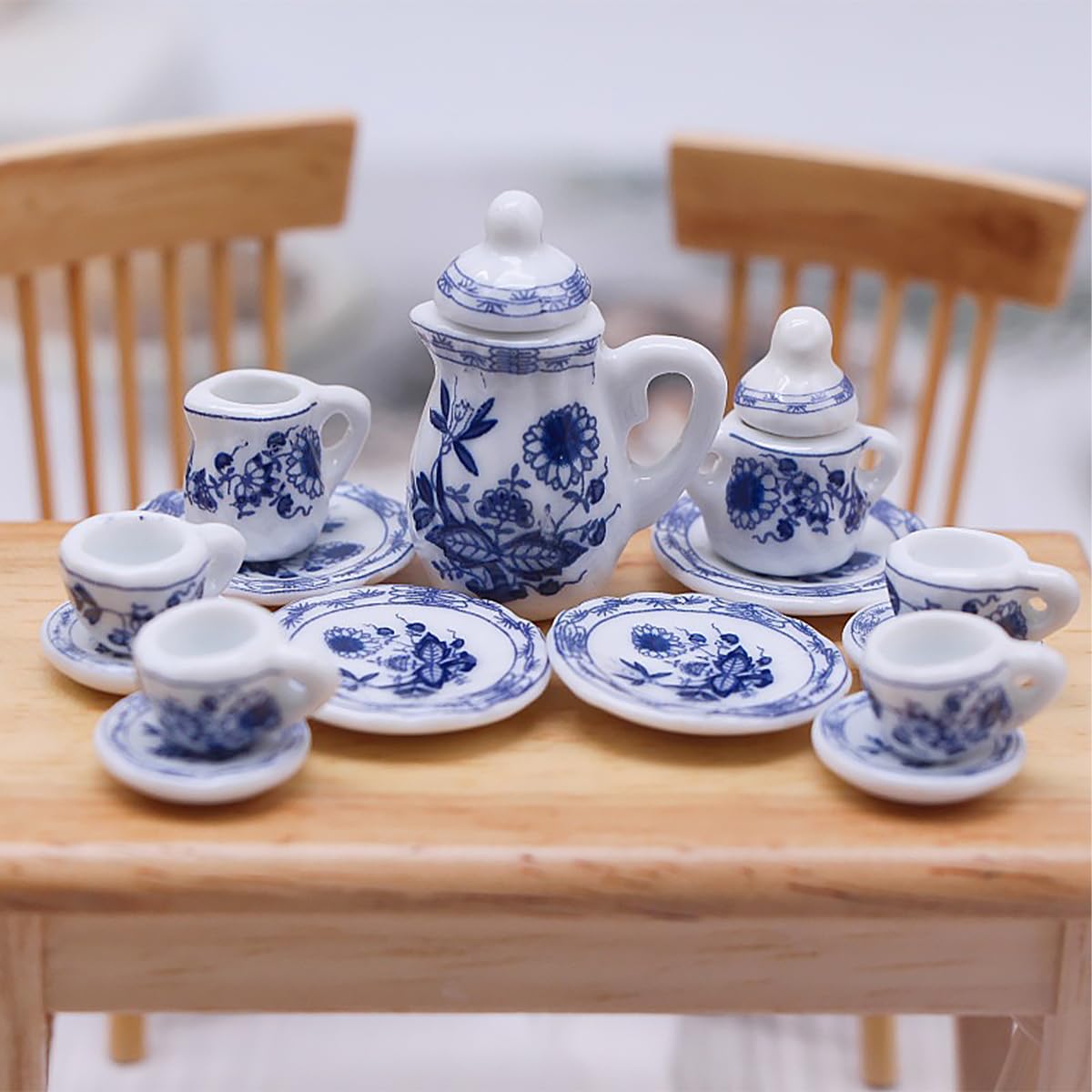 Domek Dla Lalek Ceramiczny Zestaw Herbaty 1:12 Akcesoria Do Domu Lalek Z Mini Widelcem Łyżka Sztućce Dekoracji Sceny W Domku Dla Lalek-Niebiesko-Biała Porcelana