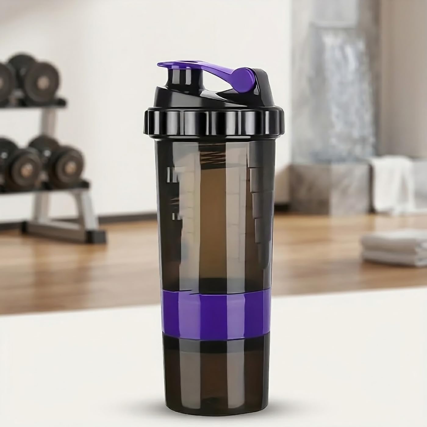 1 Pc 16oz Protein Mixing Bottle, Leakproof Sports Shaker Cup with Storage Compartment and for Protein Powder, Pills, Gym & Exercise Purple
