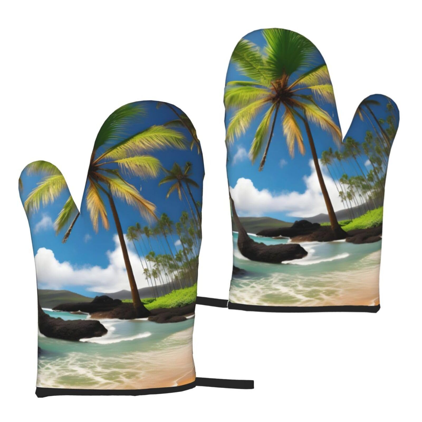 Nimongt Women's Black Tropical Palm Tree Hawaii Beach Print Adults Universal Fit Heat Resistant Oven Gloves Reusable Cooking Outdoor Grilling