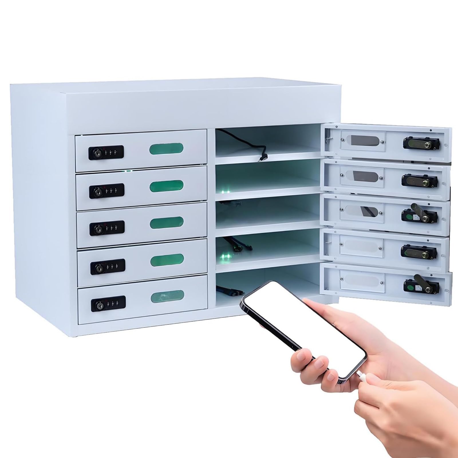 JozyJul 10-Slot Cell Phone Charging Station Locker, Combination Lock Cold-Rolled Steel Charging Cabinet with Built-in Type-C Charging Cords, Secure Device Storage for Office Library Airport