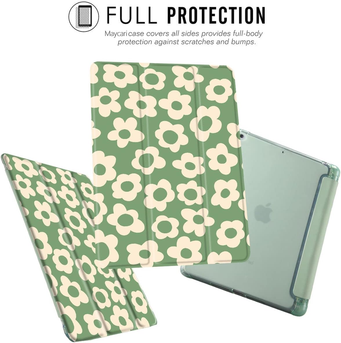 MAYCARI Green Flower Case for iPad Pro 11 Inch Case 2022/2021/2020 with Pencil Holder, Cute iPad Pro 4th/3rd/2nd Generation Protective Case with Soft TPU Green, Auto Sleep/Wake Slim Shell