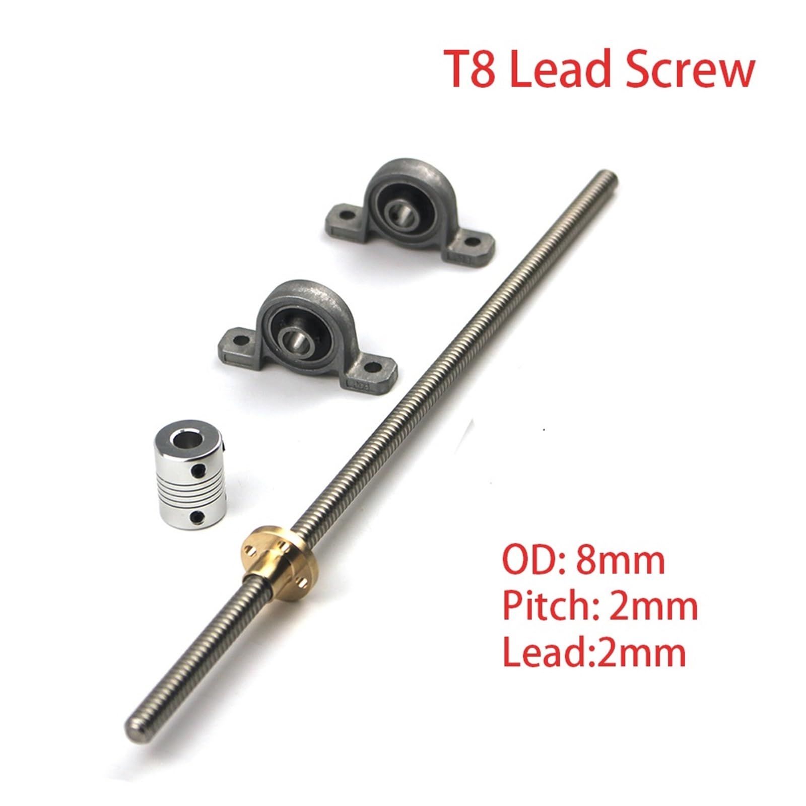 ELLANA Gewindespindel-Set T8, 8 mm x 2 mm, Vollgewinde, Edelstahl, Verzinkt, glatt, 150-1200 mm, 1 Stck + 2x KP08 + 1x Kupplung 5x8 mm