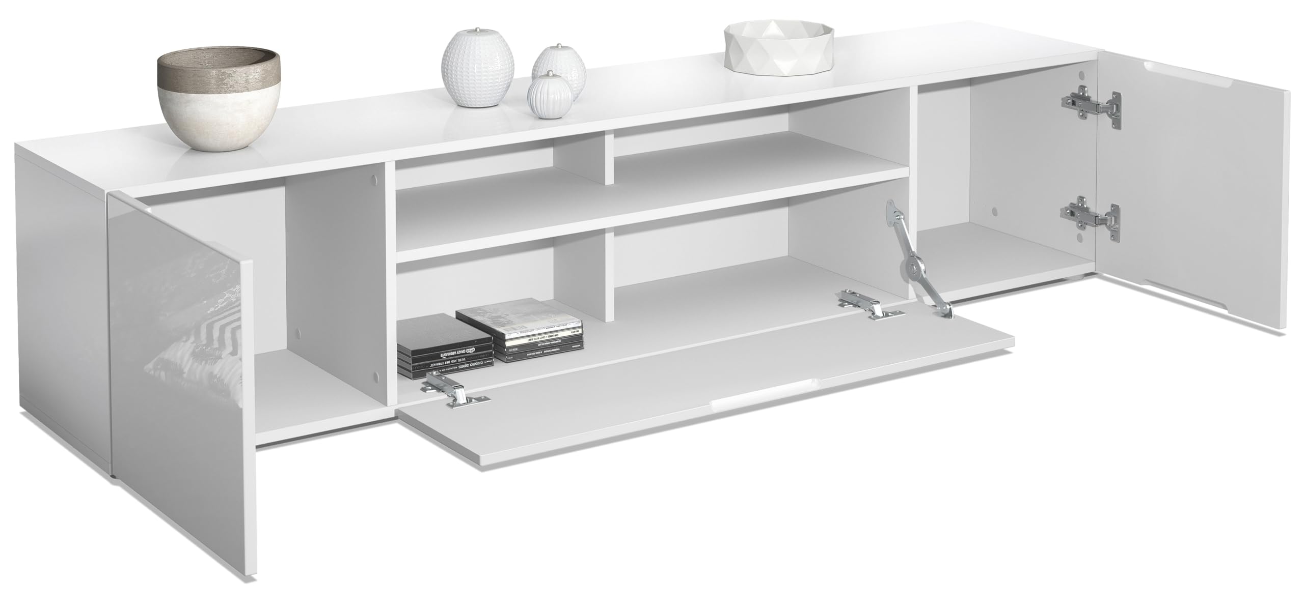 Vladon Lowboard Mogan, TV-Kommode mit 2 Türen, 1 Klappe und 1 offenes Fach, Weiß matt/Weiß Hochglanz (181 x 39 x 35 cm)
