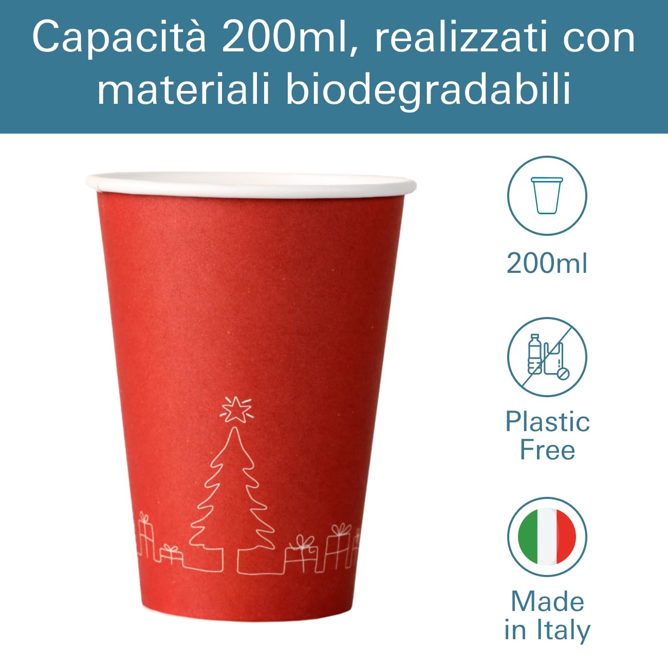 Mecup Gobelets en papier de Noël, gobelets jetables biodégradables, 800 pièces, tasse de café de Noël 200 ml, usage unique, pour boissons chaudes et froides, motif de Noël. Motif: Rouge