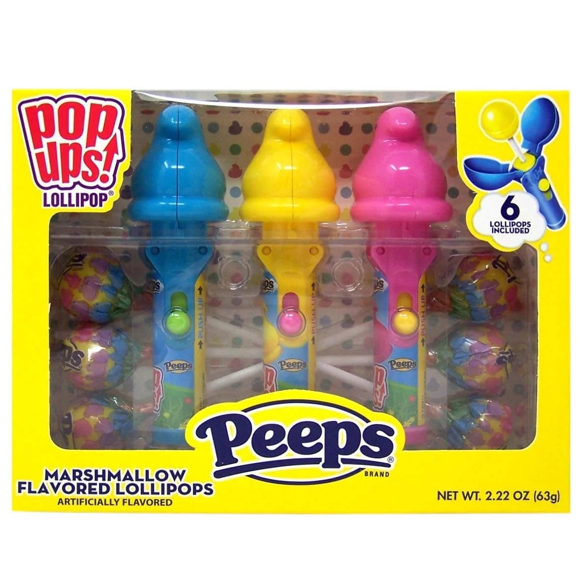 Flix Peeps Candy, Spring Pop Up Chick Shaped Lollipop Holders with Marshmallow Flavored Suckers, 2.22 Ounces