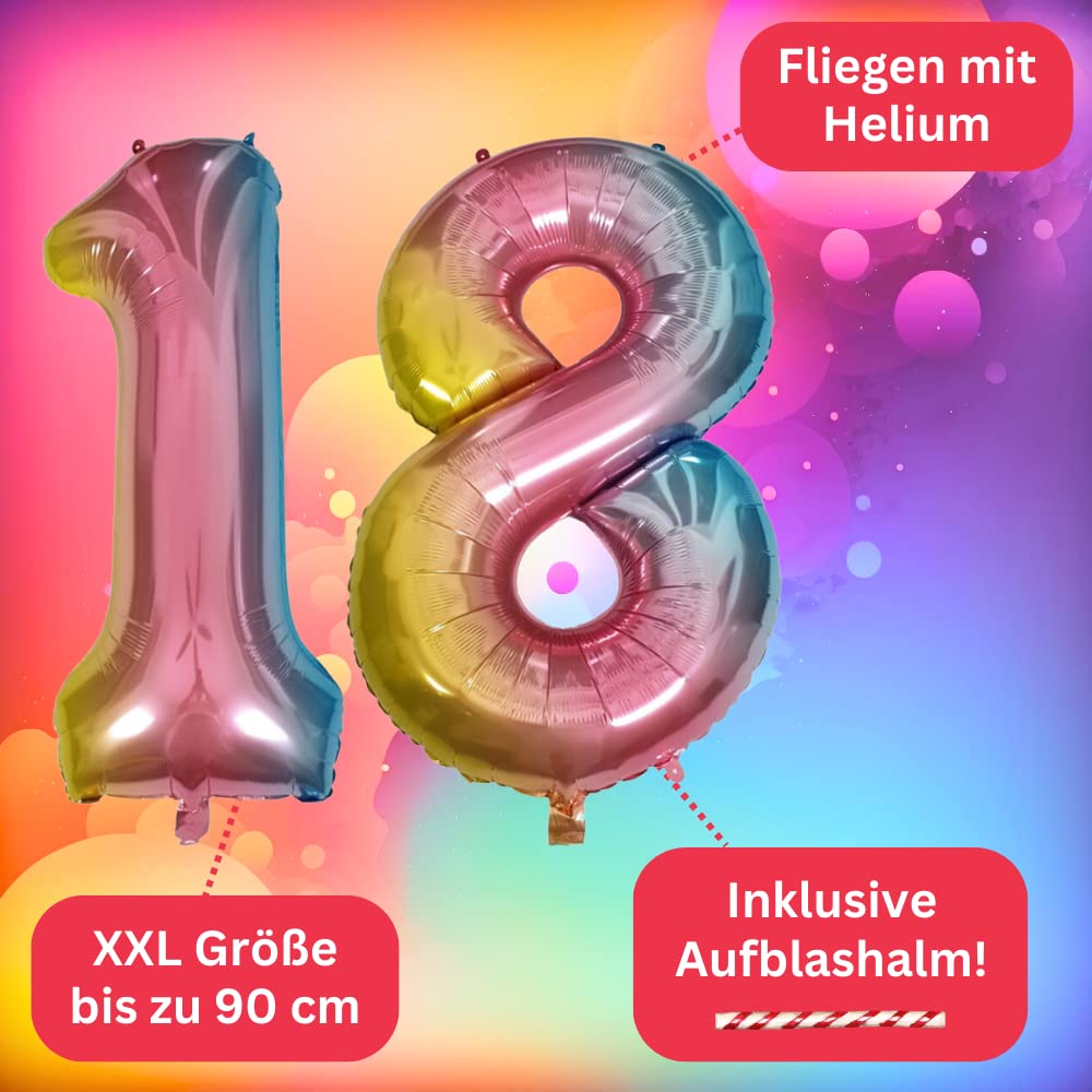 DIWULI XXL Zahl 13 Luftballon – Rosa Regenbogen-Folie, Ca. 90 Cm, Mit Aufblashalm