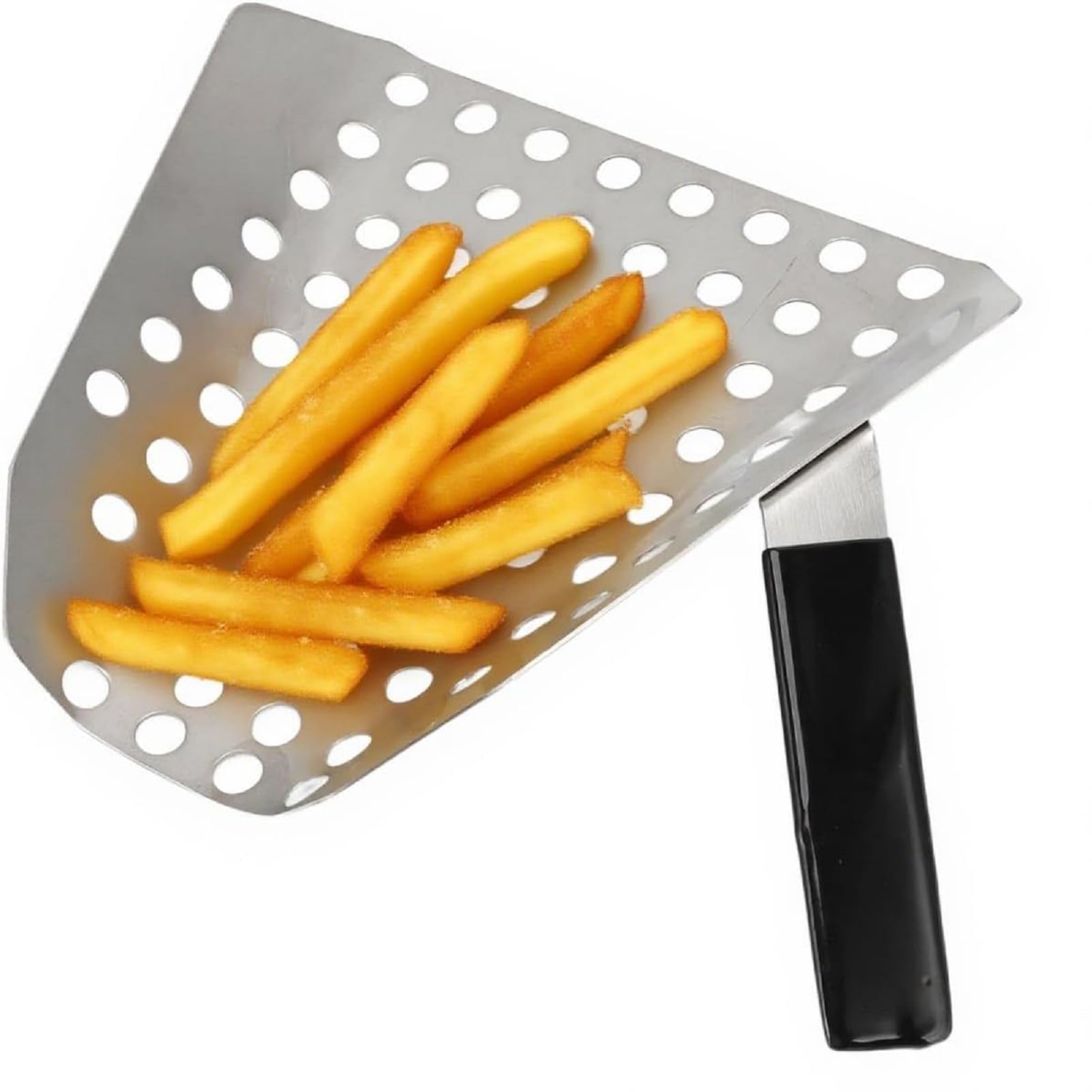 Espátula para patatas fritas Pala acero inoxidable con orificio palomitas maíz, Solo Mango para embolsar papas freír francesa, bocadillos de caramelo de roca y postres