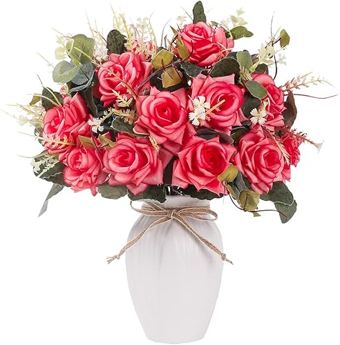 LESING Ramos de rosas artificiales con jarrón de seda sintética en jarrón, arreglo de centro de mesa para decoración del hogar y boda (rojo)