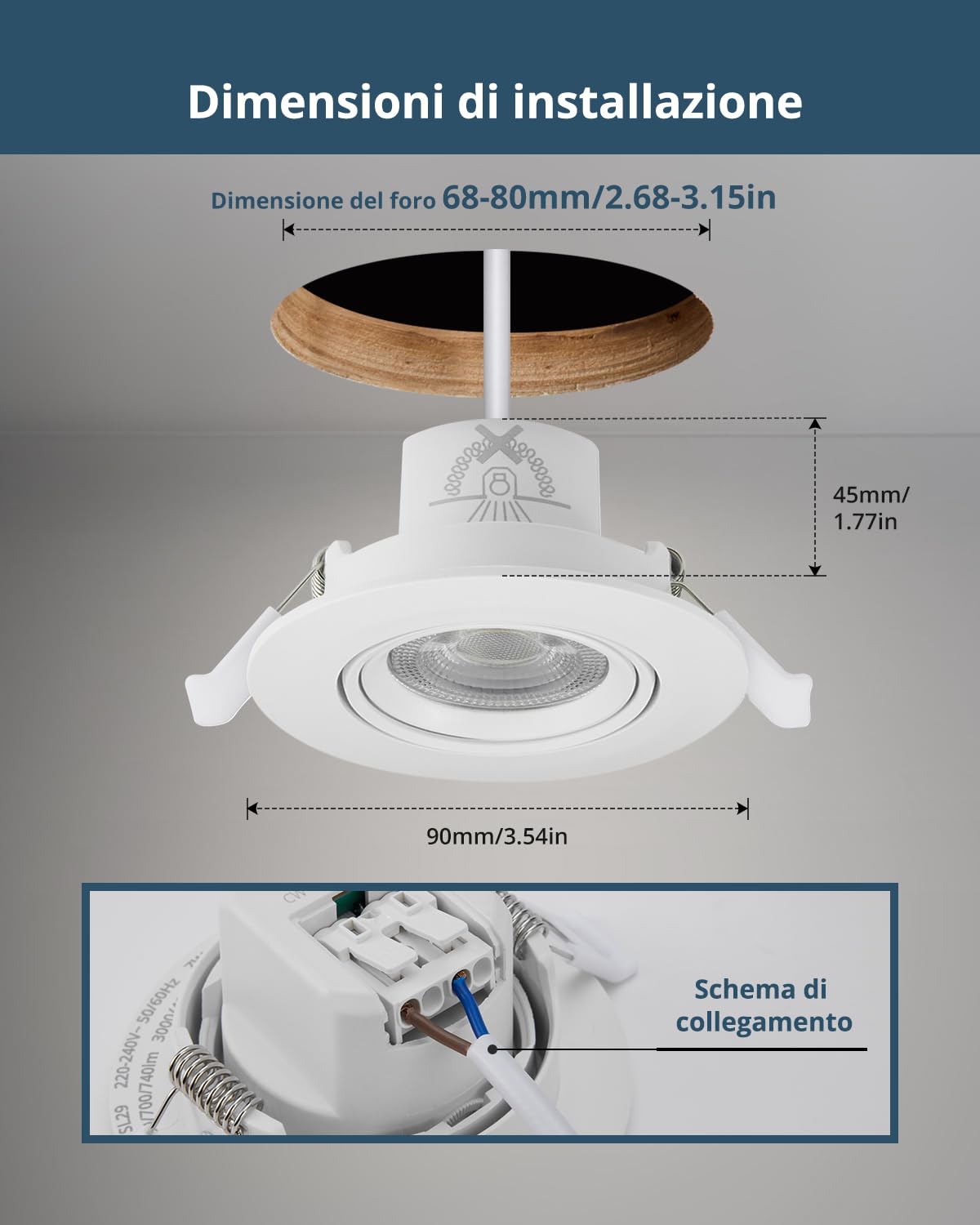 Schiele Faretti LED da incasso per cartongesso 7W, 220V - 230V, foro 68mm - 80mm, ip65 Luce Calda/Naturale/Fredda, Faretti LED Soffitto Bianchi per Bagno Cucina Salotto Cameretta, 20 Pezzi