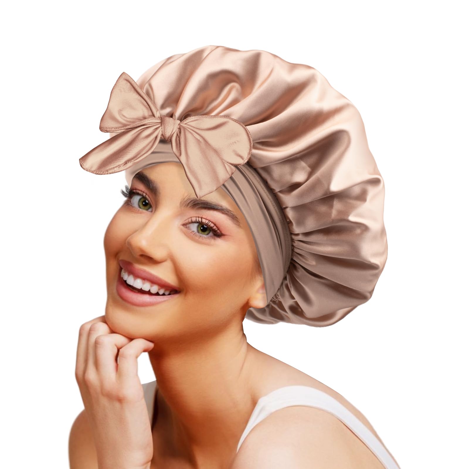 Galsangflower Doppelseitige Satin Schlafhaube mit Band, Doppelschichtige Seidenhaube für Lockiges & Langes Haar, Extra Große Haube für Nächtlichen Haarschutz, Champagner