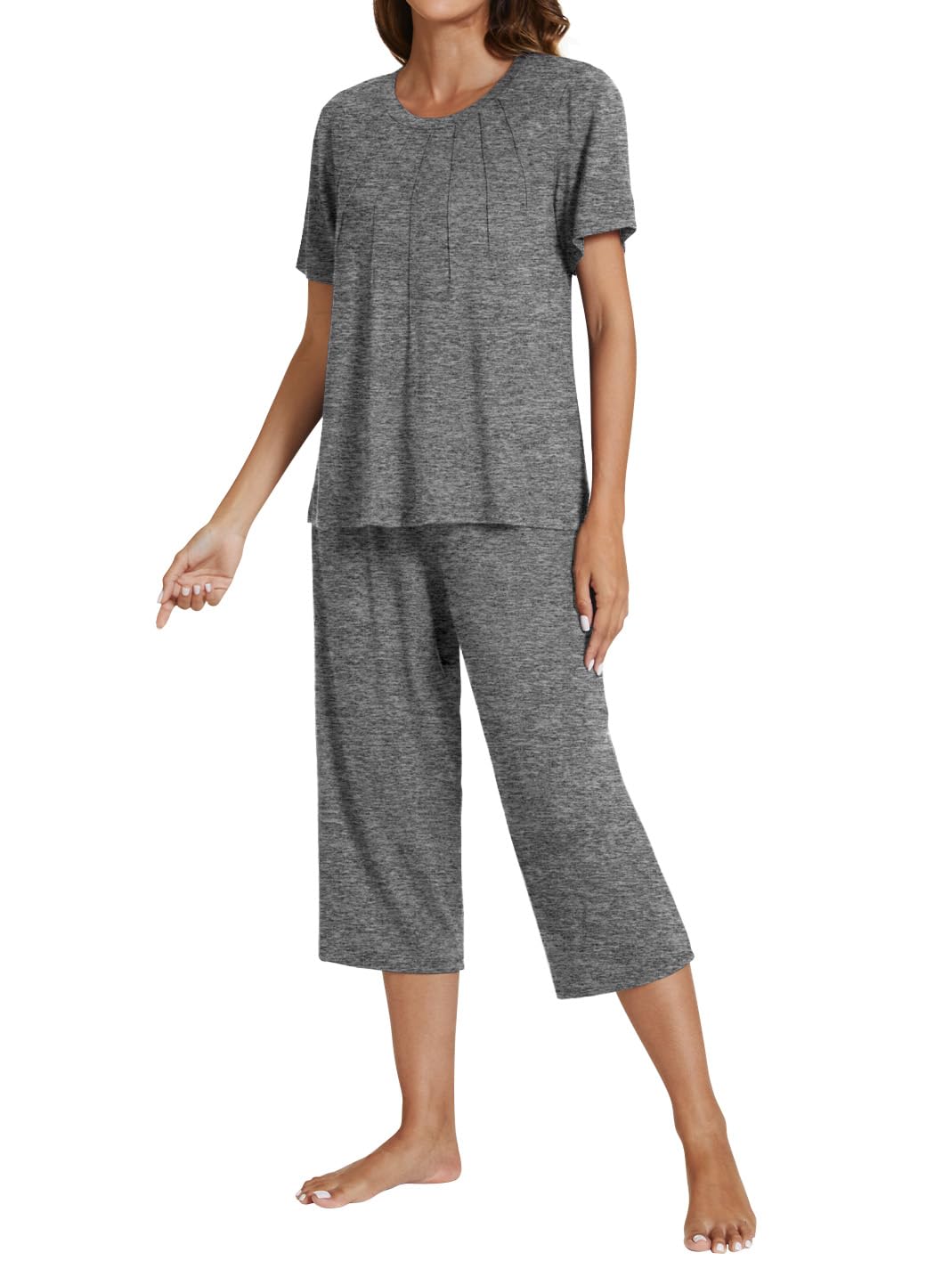 POKWAI Summer Womens Pajama Sets Short Sleeve Top with Capri Pants Soft Comfy Pj Set Summer Pajamas for Women(Dark Gray,Large)