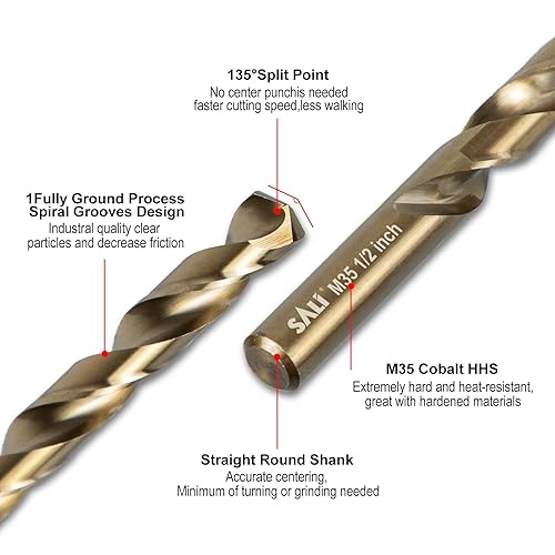 Miniatura 3 de SALI Juego de brocas de cobalto, 5 piezas de 12 pulgada M35 de acero de alta velocidad de longitud para metal endurecido, acero inoxidable, hierro