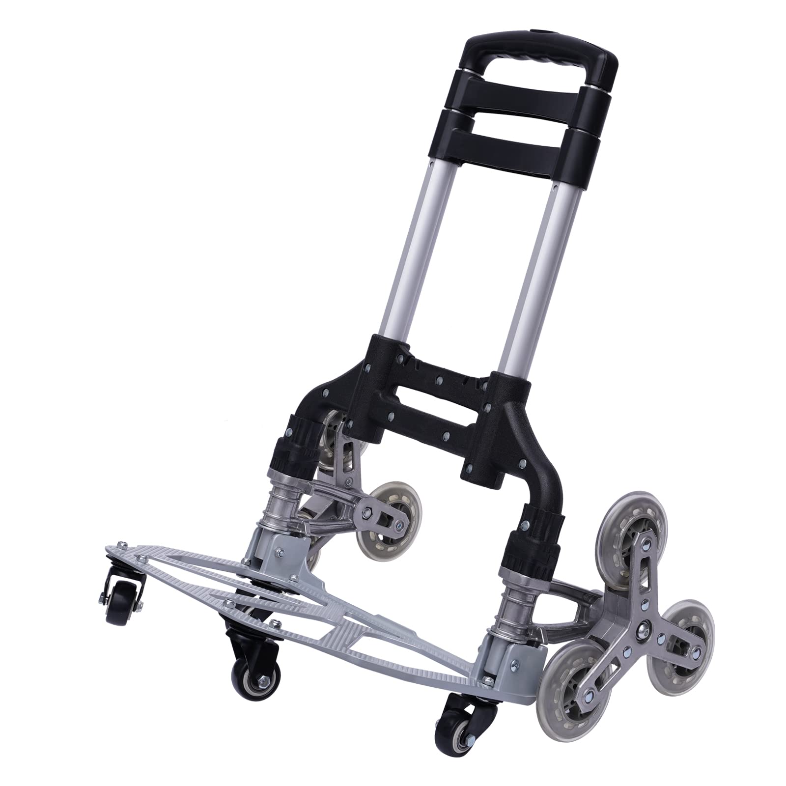 Carretilla de escalera plegable 6 ruedas subir escaleras aluminio carretilla apilable carro con cuerda elástica, bolsa de lona negra, para mercancías suministros productos artículos negro