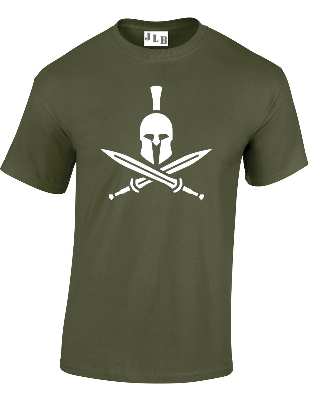JLB Print Spartan Helmet and Crossed Swords Cool Premium Quality Regular Fit T-Shirt Top for Men and Teens Military Green