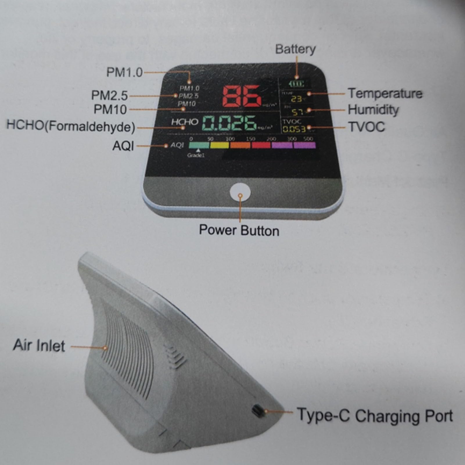 Fafeicy Luftqualitätsmonitor Tragbarer Lufttester für Zuhause, Grau