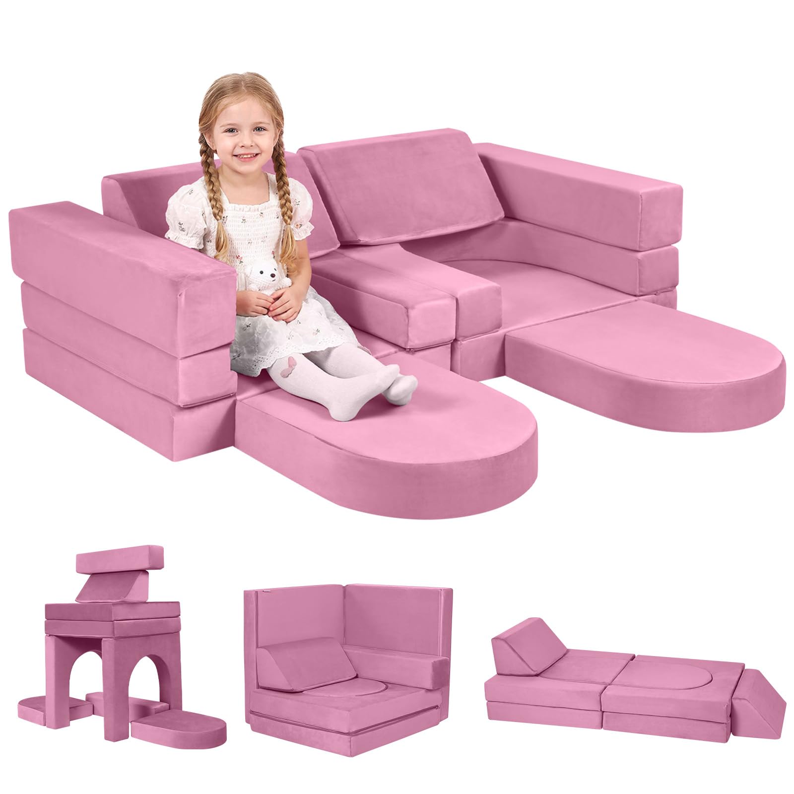 MeMoreCool 10-Piece Kids Play Sofa Bed, Modular Toddler Chair Couch for Playroom Bedroom, Fold Out Play Couch for Girl Boy, Kids Convertible Armchair Sofa Sectional Foam Playset Set, Pink