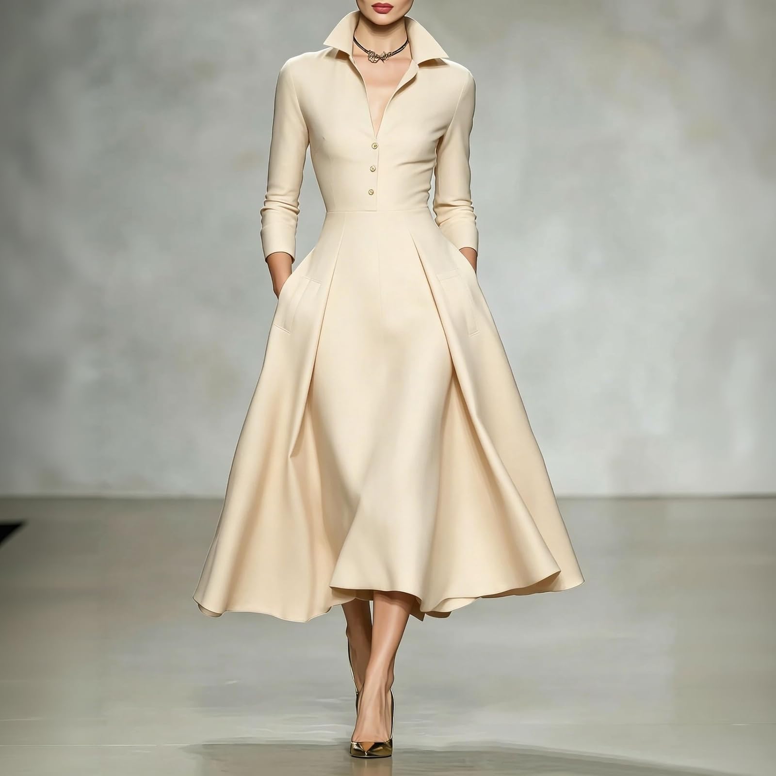 Abendkleider Elegant Für Hochzeit Business Kleid Hochzeitsgast Damen Curvy Festlich Kleider A Linie V Ausschnitt Midikleid Vintage Cocktailkleid Langarm Blusenkleid Winter Herbst