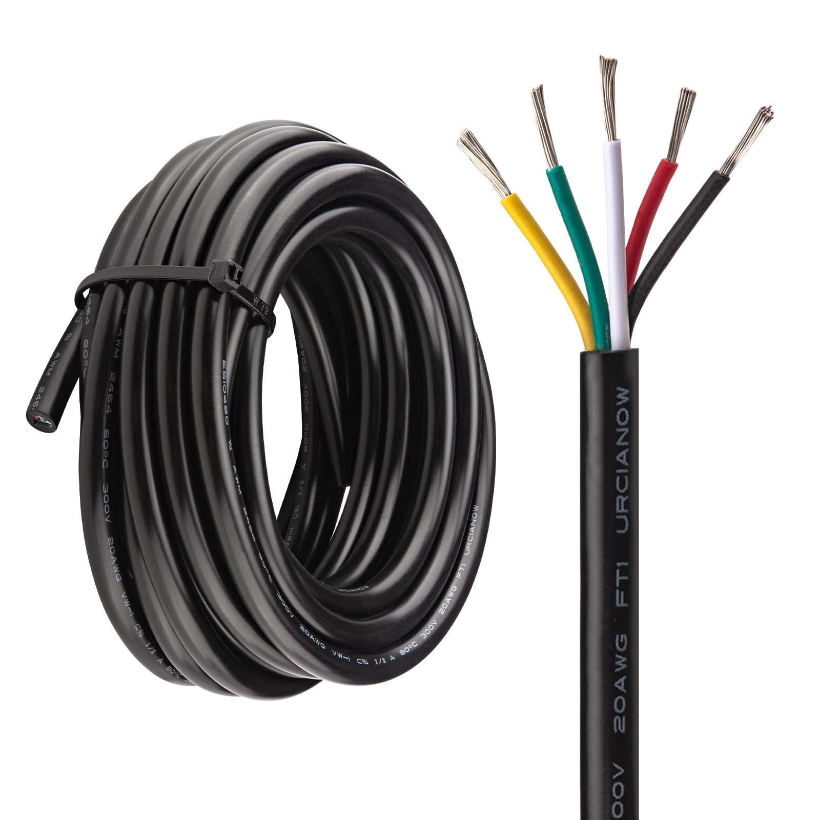 URCIANOW 20Gauge 5 Core Cable 5x0.5mm²Electrical Wires 5Meters UL2464 Tinned Copper Wire 20Gauge Stranded Wire Low Voltage Extension Cable Wire Black PVC Sheathed DC 5V/12V/24V