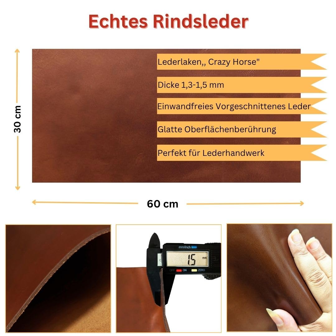 KGS Kozmo Feuilles de cuir véritable - Cuir gaufré pleine fleur - 1,3 à 1,5 mm d'épaisseur - Pour les travaux du cuir et les réparations - Marron châtaignier tanné à l'huile - 30 x 60 cm