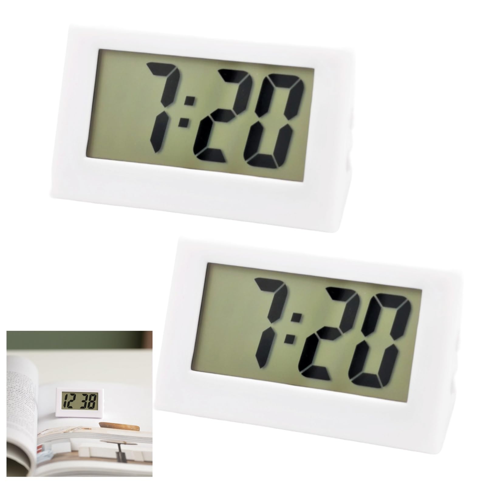 Small Digital Clock 2PCS,Mini Portable LCD Display,Battery Powered Only,Non-Ticking Bedside Desk Clock,Mini Portable LCD Display,Digital Clock Battery Powered Only,Led Digital Electronic Cl-ock,White