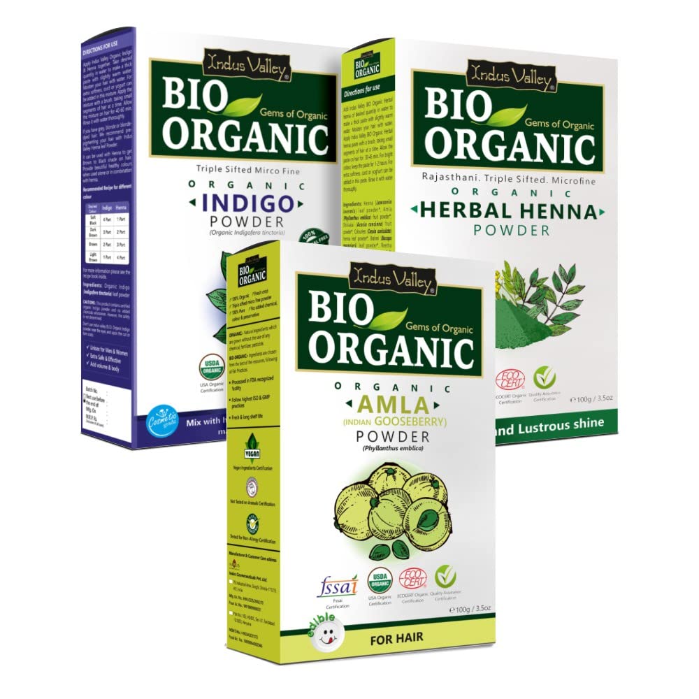 INDUS VALLEY Bio Organic Natural and Pure Indigo Powder | Indigofera tinctoria, Herbal Henna Powder with Amla Powder | Indian Gooseberry for Hair care - (100g*3=300g) Combo-picture-38