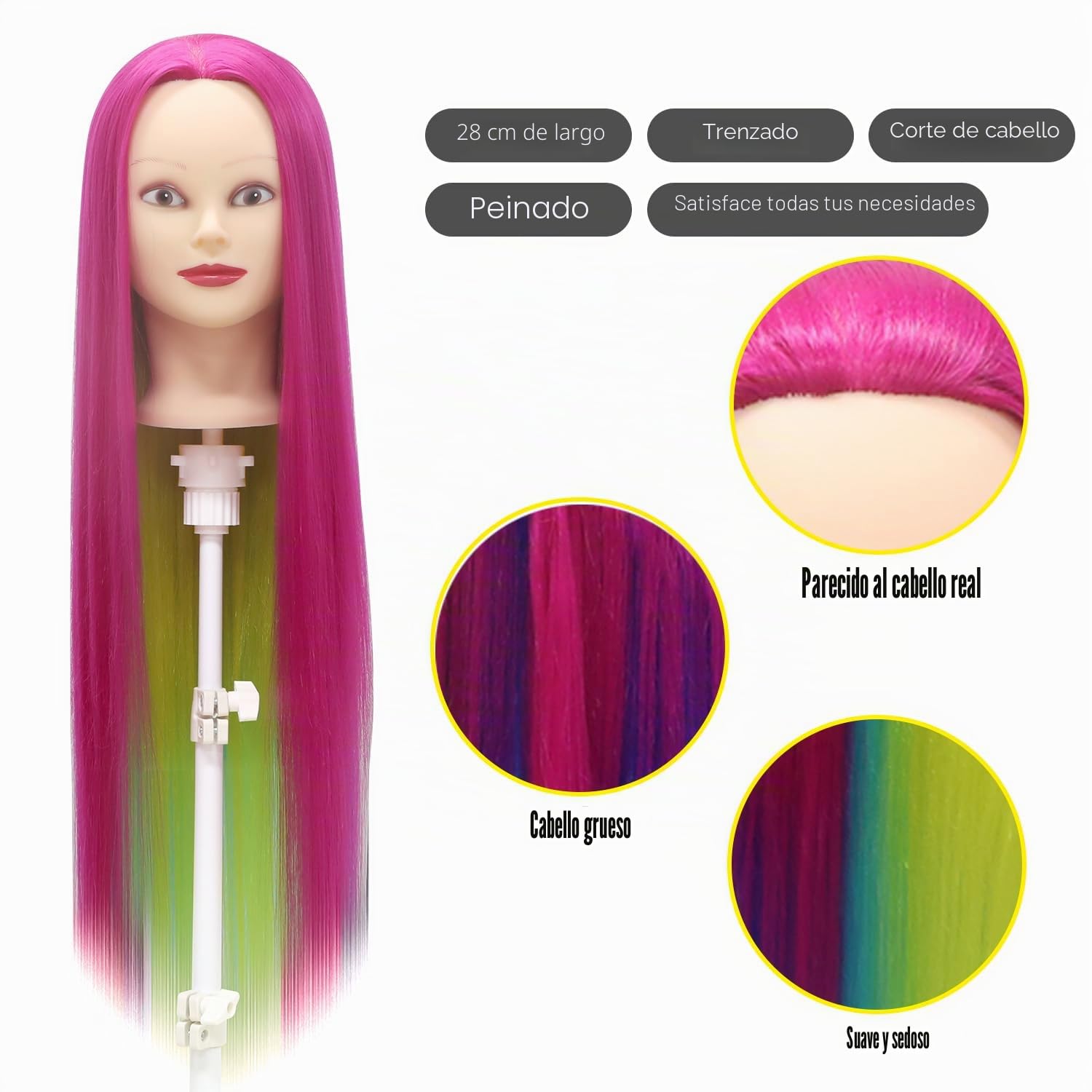 Cabeza Peluqueria, 28 inch 100% Sintético Cabeza Peluqueria Cabeza Maniqui peluqueria con Soporte + Accesorios de Peinado DIY (Iridiscente)