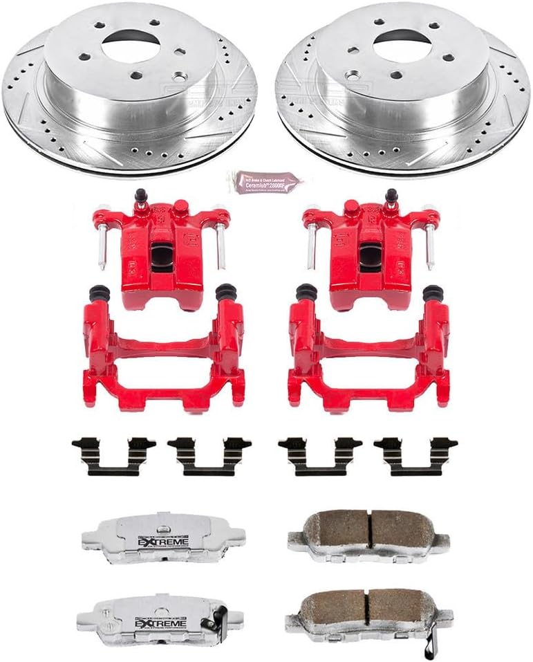 PowerStop Rear Brake Kit For INFINITI JX35 2013 |M35h 2012-13 |M37 2011-13 |M56 2011-13 |QX60 2014-18 - Drilled and Slotted Disc Rotors with Carbon-Fiber Ceramic Brake Pads Replacement, KC2427A-26