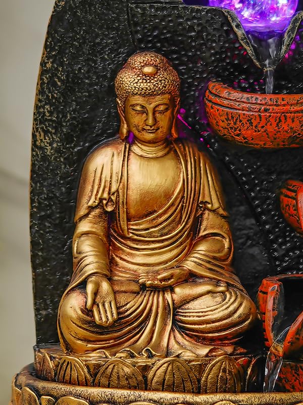 Image of Golden Brown Polyresin Tabletop Buddha 4 Step Indoor Water Fountain for Home Decor with LED, Speed Control Pump (Size: 24 x 18 x 36 CM | Weight: 1740Gram)