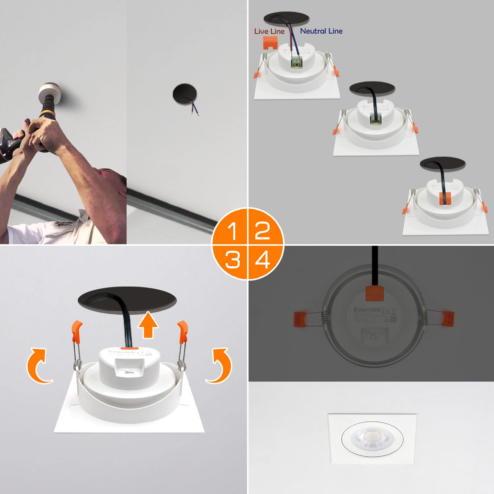 ENUOTEK 12W Regulable Lampara Foco Downlight LED, Orientable Cuadrado Empotrable Techo, CCT 3000K 4000K 5000K Ajustable, Agujero de Techo Diámetro 120-130MM Lot de 1