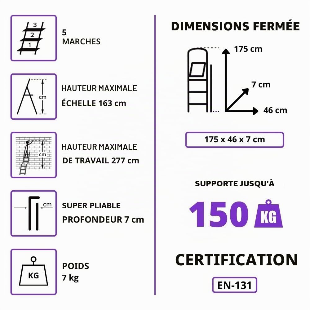 Homelux 710028 Escabeau ménager Plat, Aluminium, 5 marches