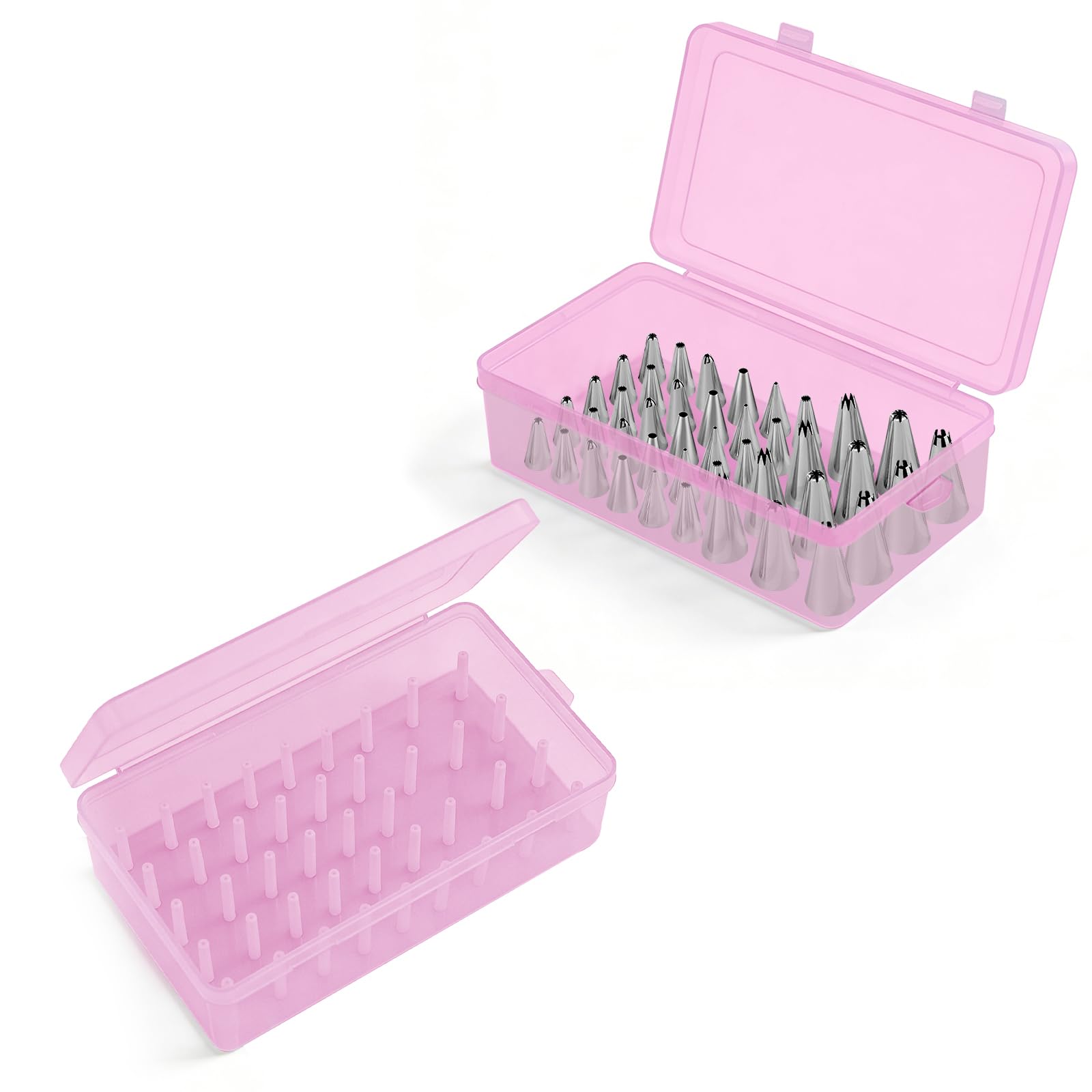 2 Pieces Piping Tips Storage Box with 42 Fixed Pins, Piping Tip Organizer Box, Cake Decorating Nozzles Storage Case Container for Baking Tool Home Bakers (Pink)