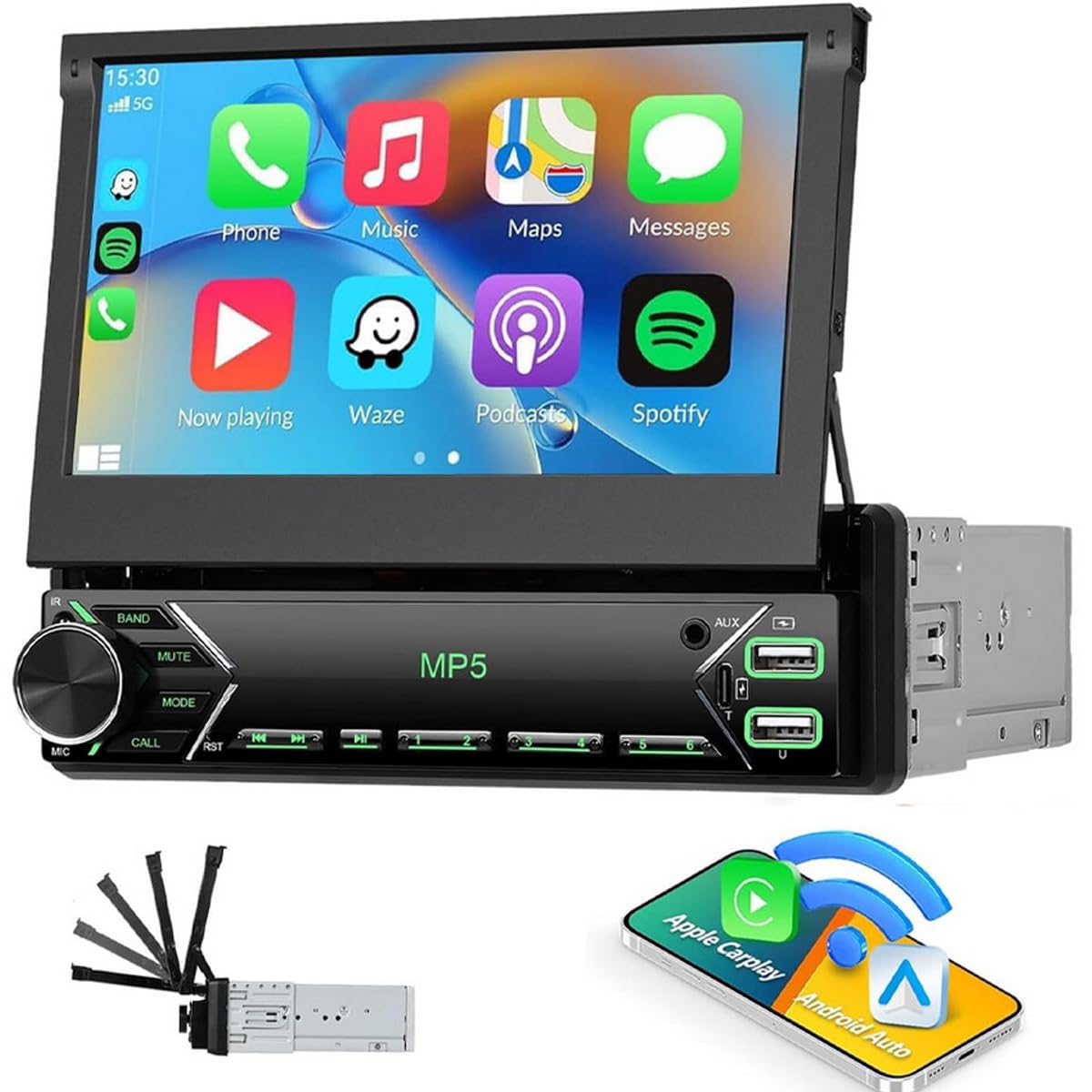 FM RDS 1 Din Autoradio Wireless Carplay Android Auto, Retractable Écran Tactile 7 Pouces Poste Radio Voiture Bluetooth, EQ, Mirror Link, Caméra de Recul, MIC, AUX, USB