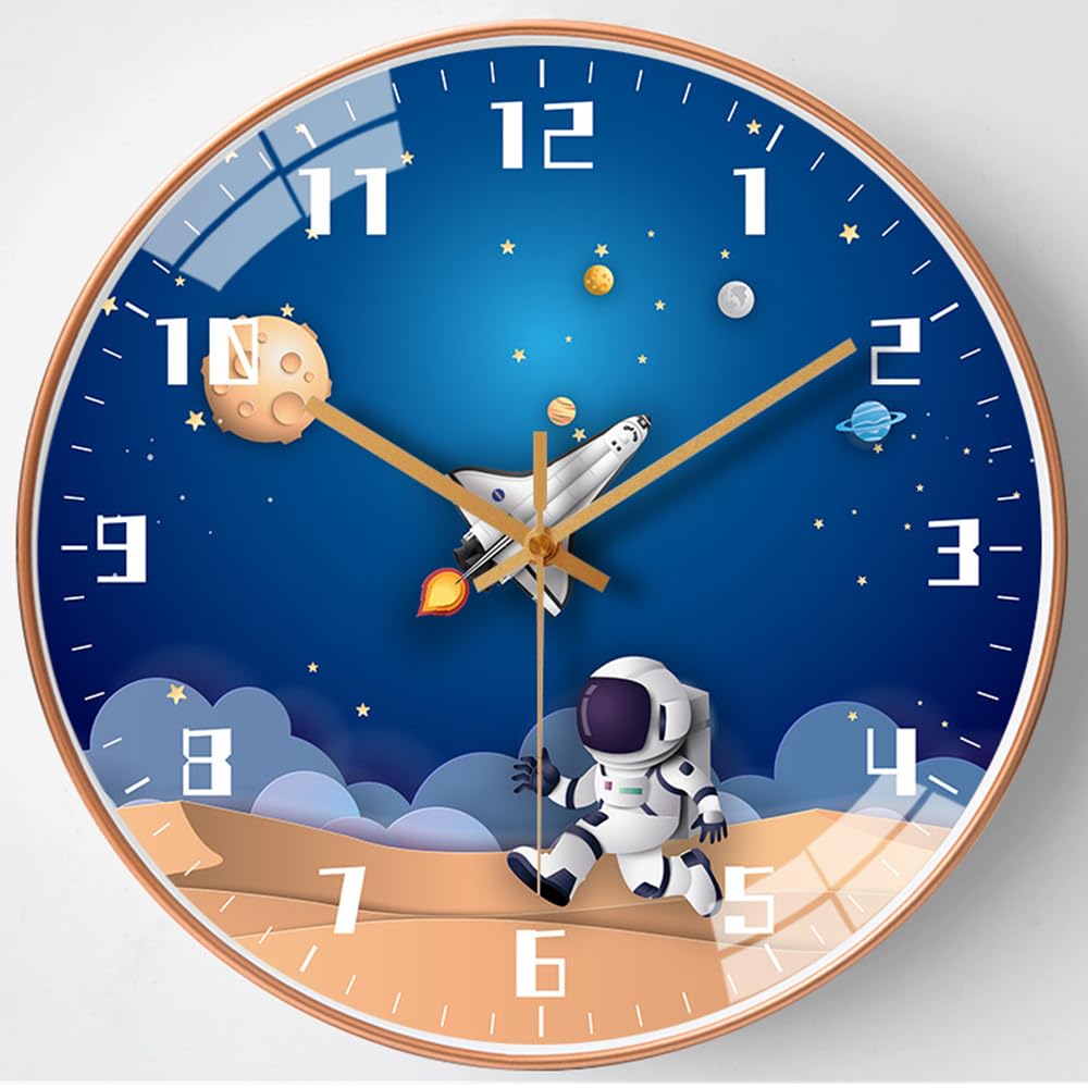 DzanncLarge 3D Creative Silent Wall Clock, Non Ticking Round Decor Art Dial for Living Room Study Bedroom Kids Room School Entryway Office Home Light Luxury Decoration (Φ12" Space Travel)