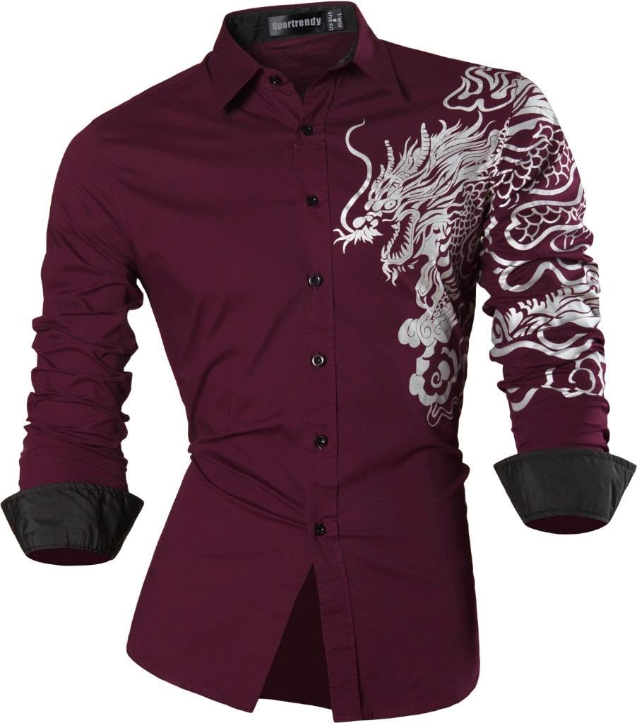 Men Casual Slim Dragon Tattoo Long Sleeve Button Down Dress Shirt JZS041